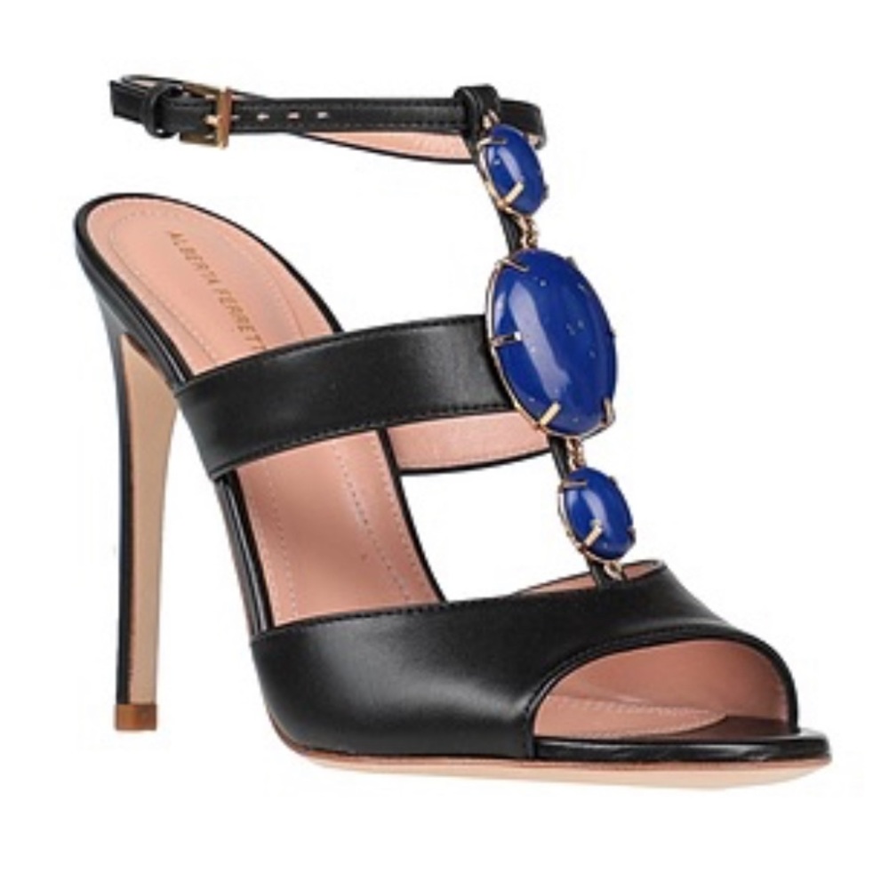 ALBERTA FERRETTI Black Stiletto Sandals with Blue Stone 39 NEW